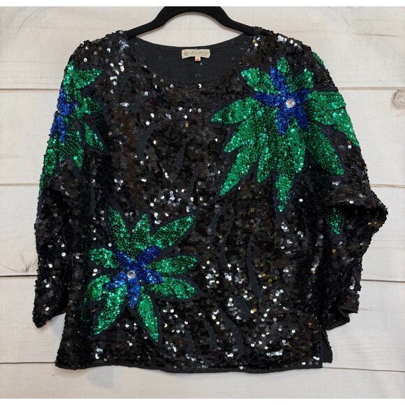 Vintage Sequin Top Sz 44 Black Green Blue Holiday Festive Party Chic - Picture 1 of 6